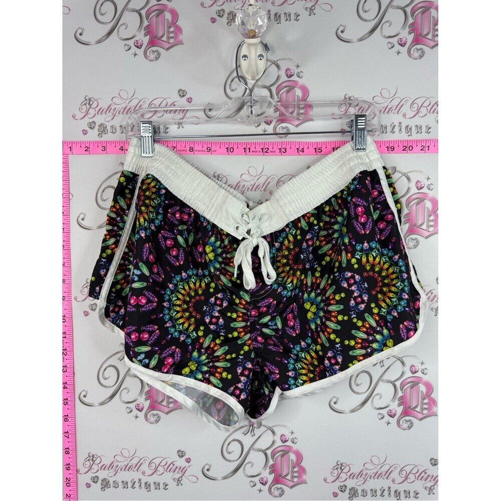 OP y2k shorts Black Shorts with Multicolor Gem Spiral Print and White Trim